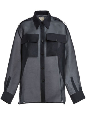 Semi-Sheer Black Silk Shirt with Epaulettes and Front Button Fastening
