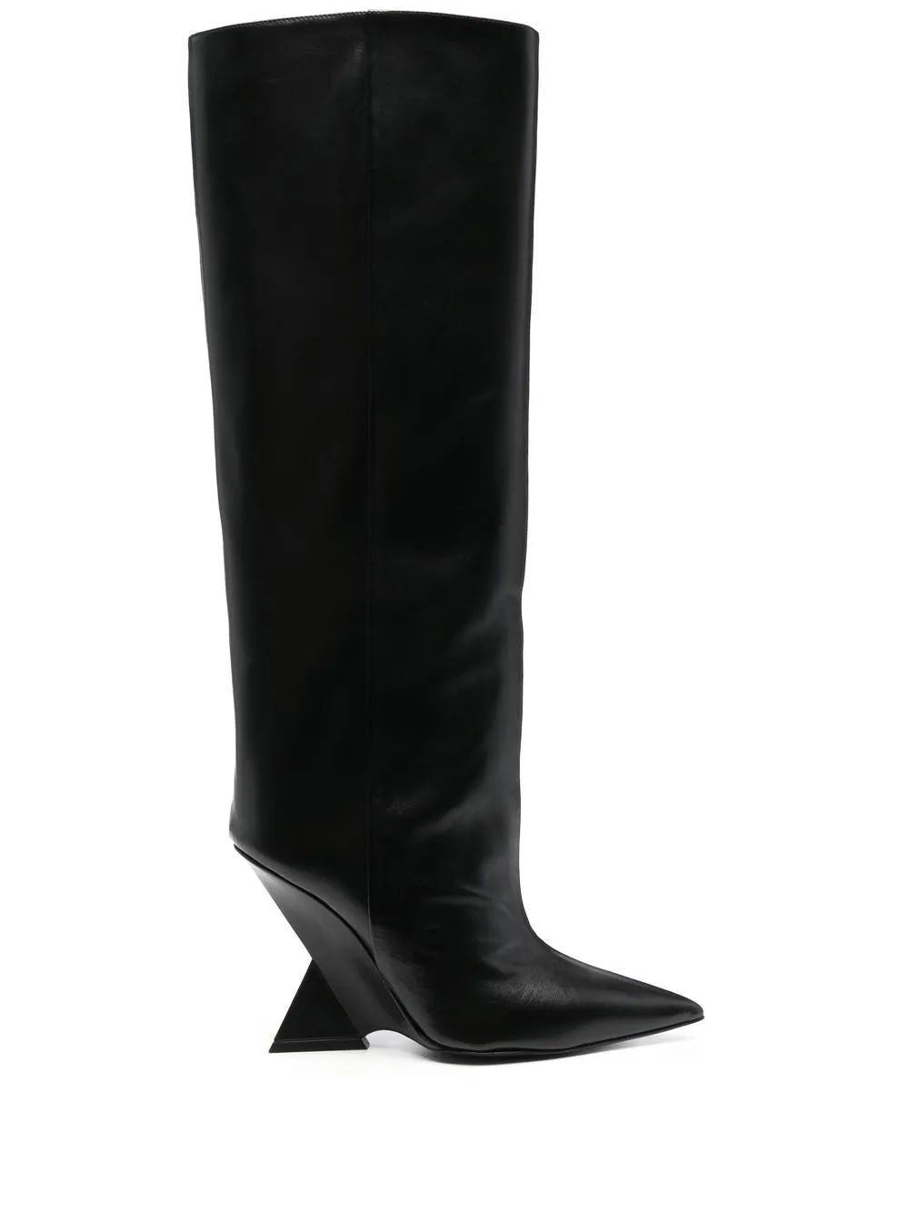 Leather Tube Boots with Iconic Pyramid Heel - Black