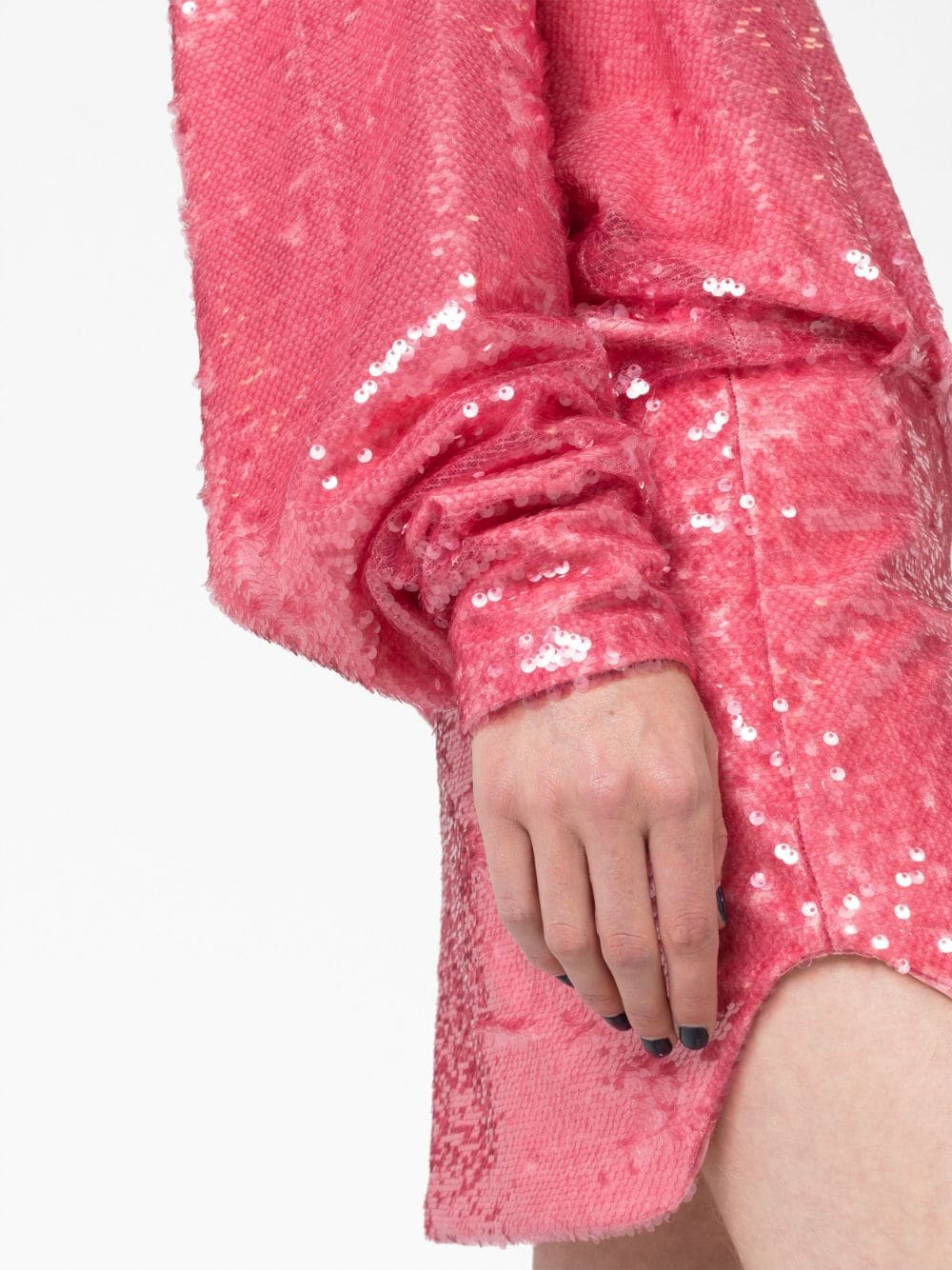 Thiết kế áo đầm sequin màu hồng Coral Pink - vạt V tinh tế, tay dài, đường eo ôm sát - FW23