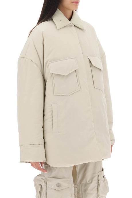 THE ATTICO Oversized Tan Puffer Jacket with Corduroy Collar and Lavender Logo Plaque