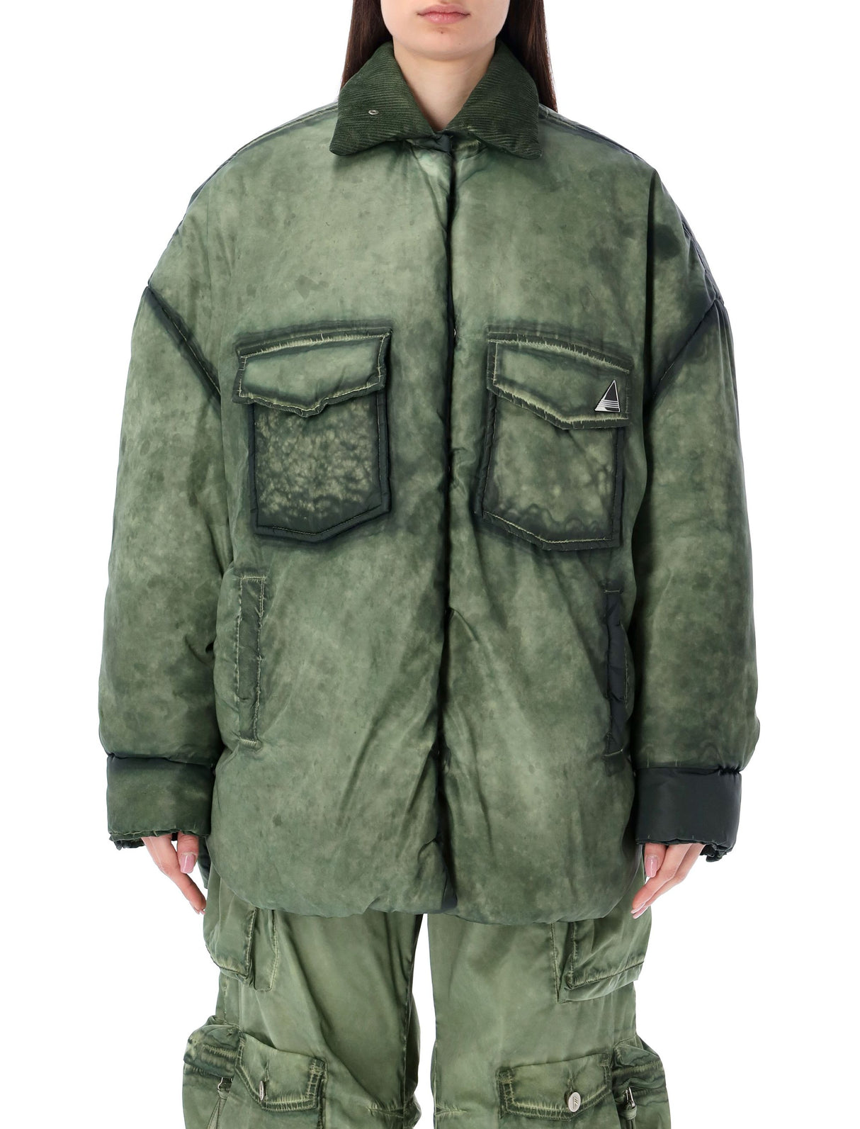 THE ATTICO Military Green Oversize Padded Jacket with Corduroy Point Collar and Logo Metal Stud