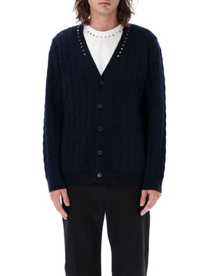 Navy V-Neck Cardigan with Metal Studs and Cable Knit Trim