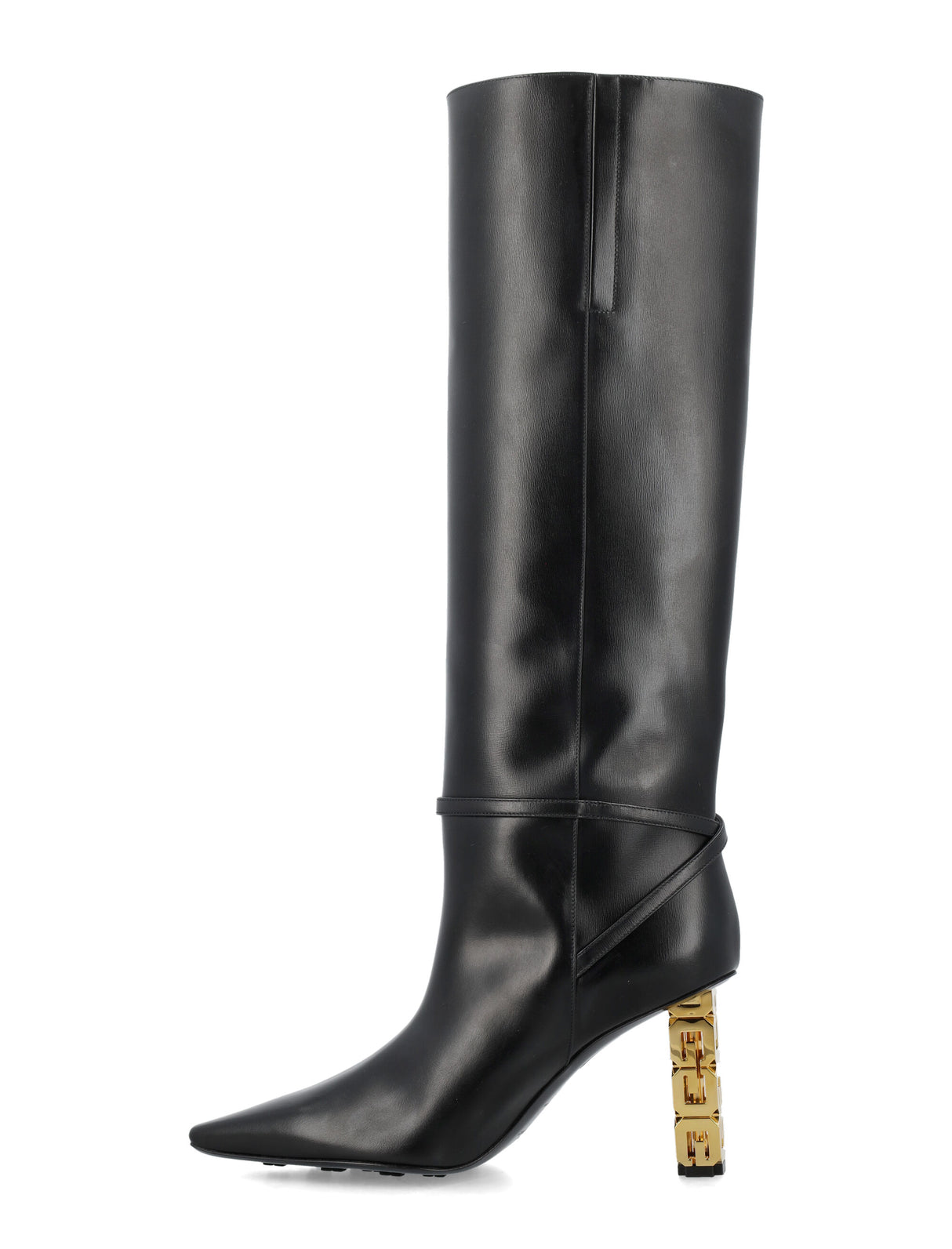 Black Leather High Boots with Gold G Logo