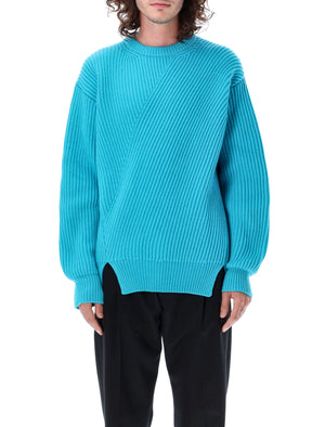 JIL SANDER Men's Ribbed Fine Wool Sweater in Turquoise for FW23