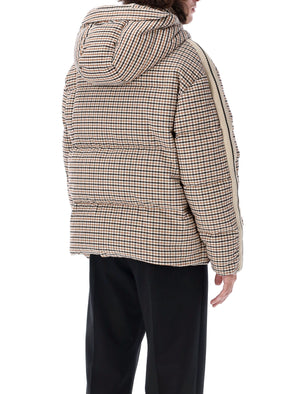 男性用 マイクロチェックフード付きパファージャケット - ブラウン