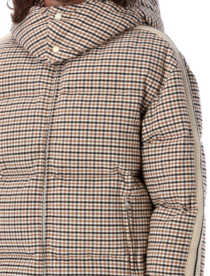 男性用 マイクロチェックフード付きパファージャケット - ブラウン