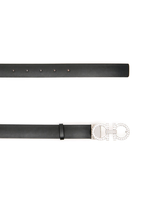 Black Leather Belt with Crystal-Embellished Gancini Hook Buckle