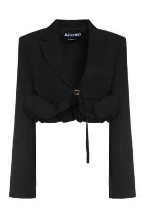 Black Croissant Wool Blazer for Women with Padded Shoulders and Decorative Gathering