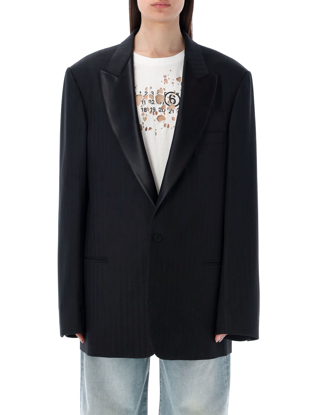 黑色羊毛西装外套-翅状领口，色调条纹，超大松身