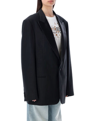 黑色羊毛西裝外套 - 有翼領，同色條紋，寬鬆版型