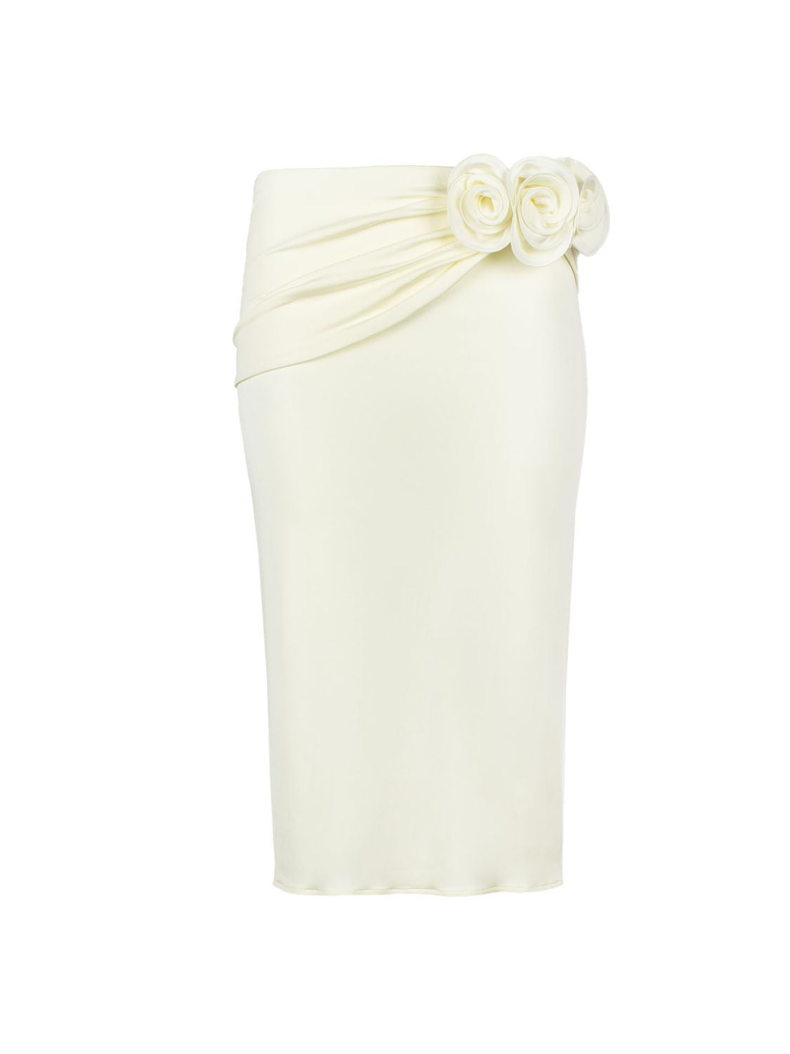 花卉绣花铅笔裙-奶油白色，弹性腰带，腰带细节，膝上长