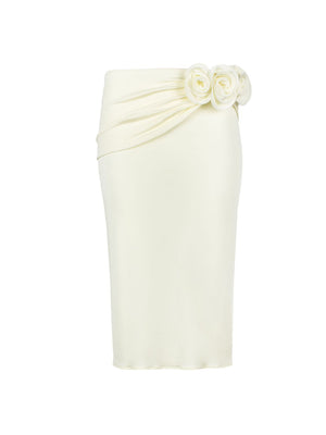 花卉绣花铅笔裙-奶油白色，弹性腰带，腰带细节，膝上长
