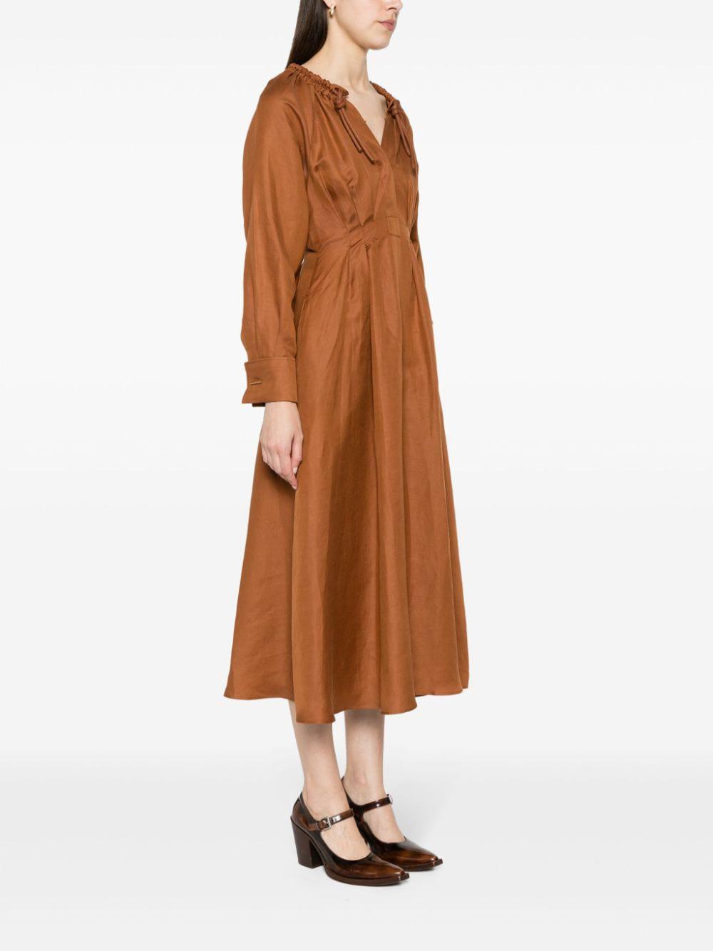 ブラウンの亜麻シルク混合素材女性用ドレス - SS24 コレクション