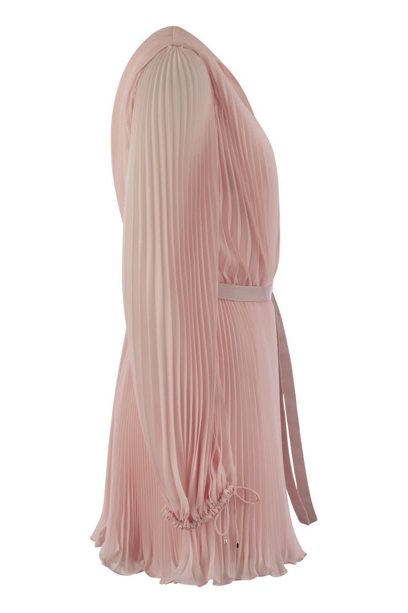MAX MARA Pink Pleated Chiffon Minidress with V-Neckline and Long Puff Sleeves