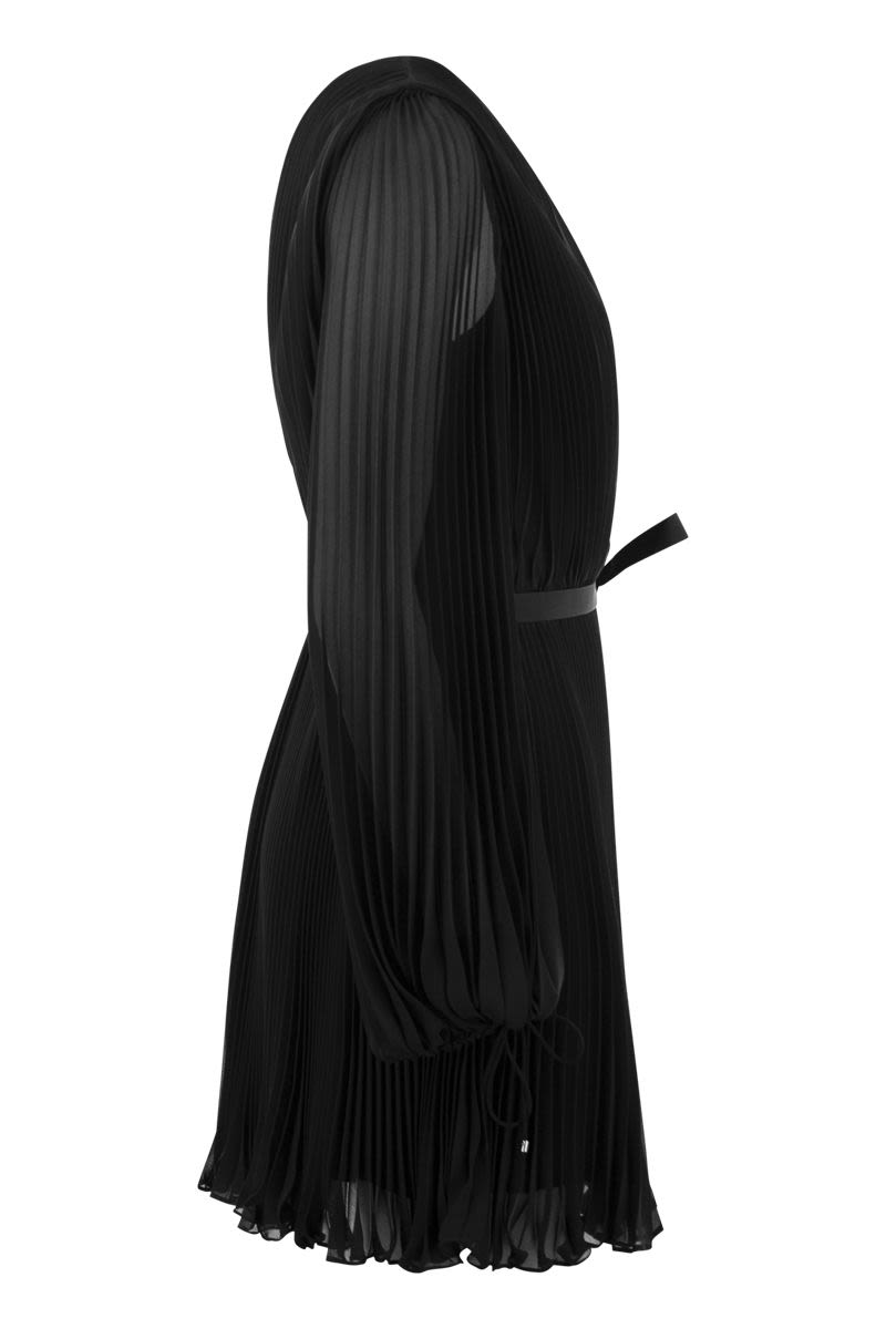 女士黑色雪紡打褶迷你連衣裙，V領及拉繩袖口