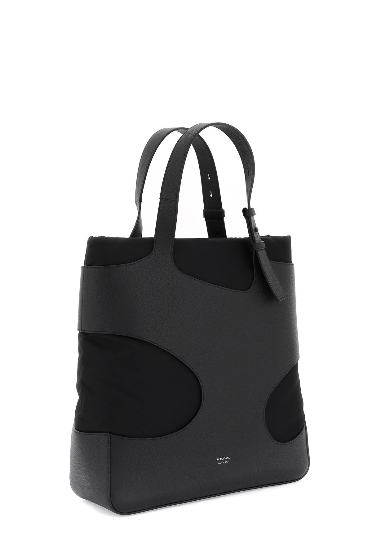 Men's Black Padded Nylon Tote with Leather Cut-Outs