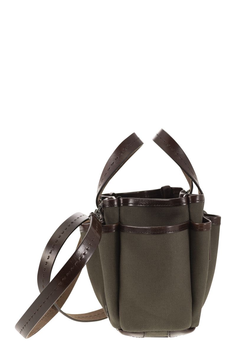MAX MARA Mini Giardiniera Dark Green Canvas and Leather Tote Handbag with Removable Strap - 25x14x17.5 cm