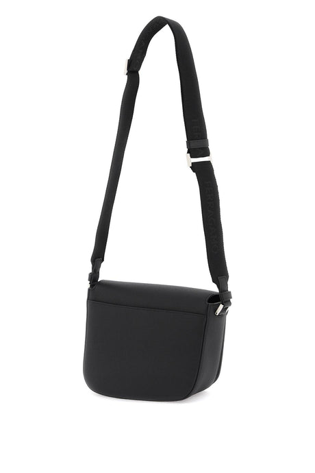 FERRAGAMO Salvatore Black Hammered Leather Flame Medium Shoulder Bag with Adjustable Strap and Steel Finish Accessories