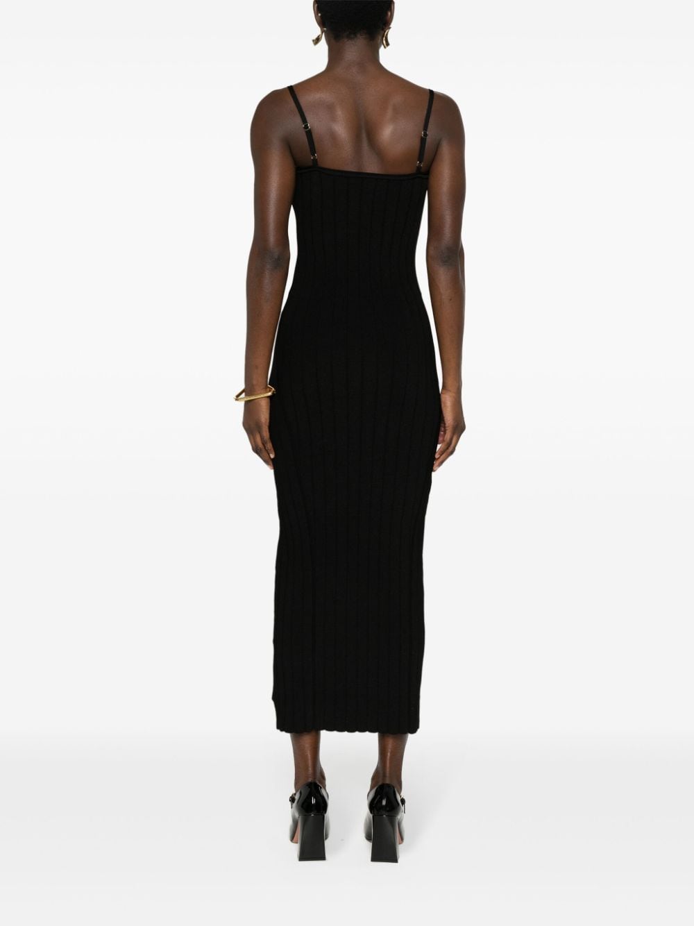 JACQUEMUS Black Stretch Ribbed Knit Dress with Adjustable Spaghetti Straps and Gold-tone Logo Plaque