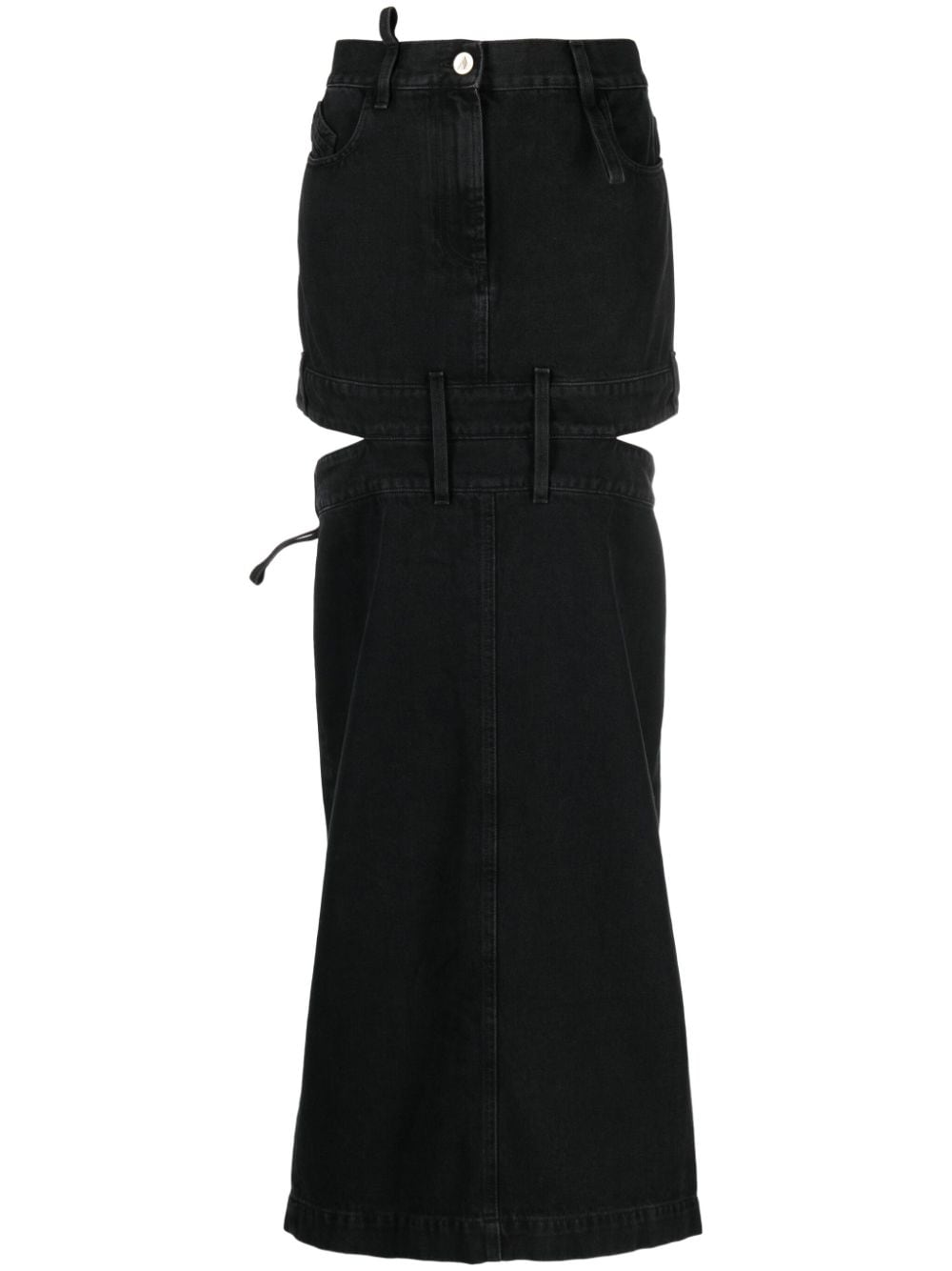 刺繍ロゴとカットアウトデザインのスタイリッシュな黒デニムスカート