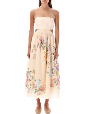 ZIMMERMANN Floral Midi Dress with Waist Cut Outs and Embroidered Scalloped Edging
