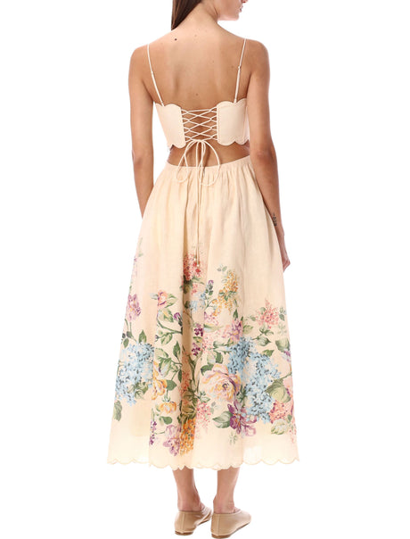 ZIMMERMANN Floral Midi Dress with Waist Cut Outs and Embroidered Scalloped Edging