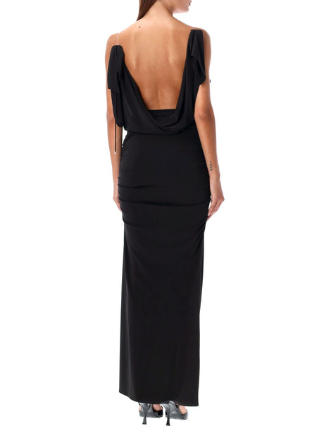 THE ATTICO Elegant Satin Long Dress with Ruched Waist