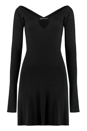 Flared Hem Knit Mini-Dress in Black