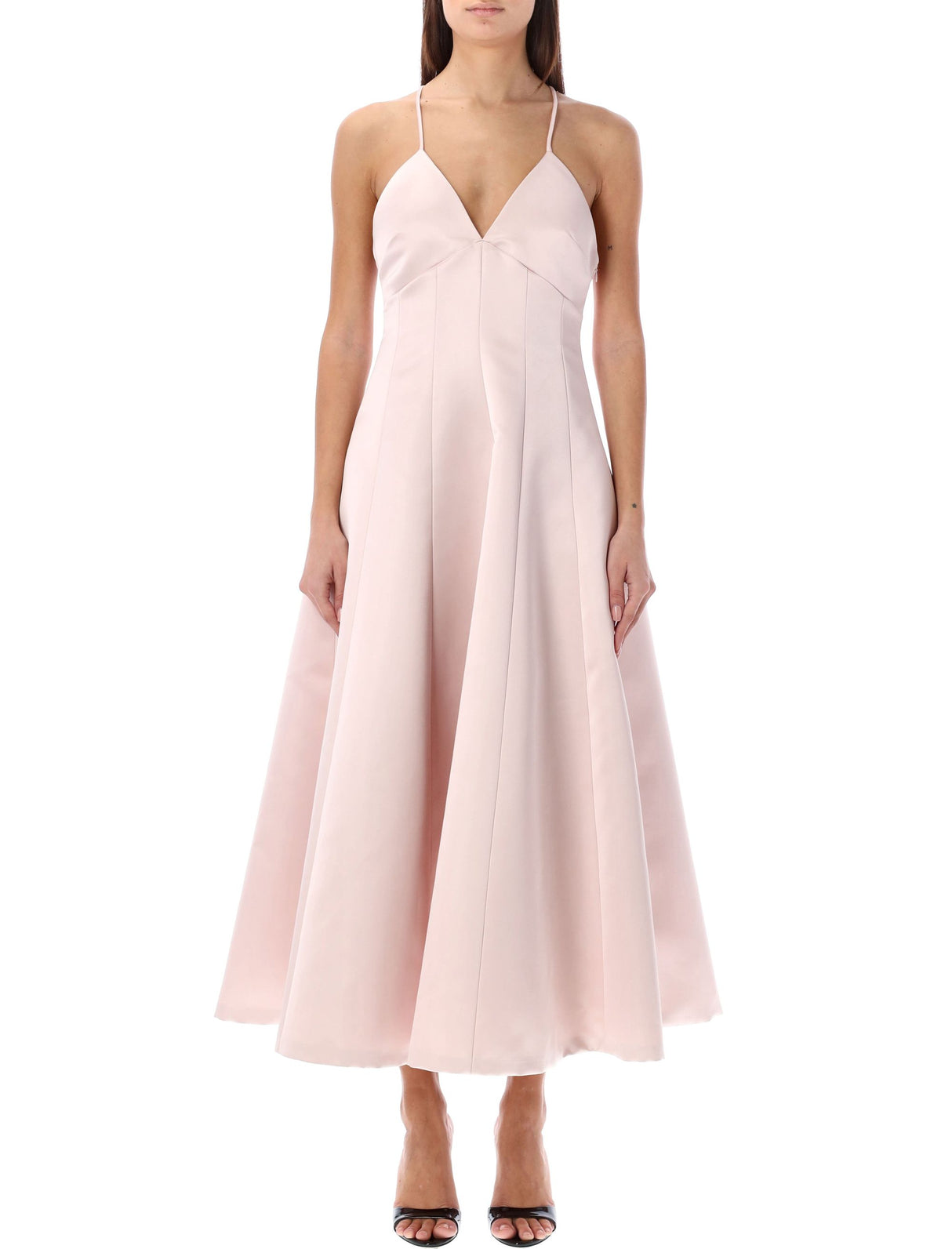 Feminine and Elegant V-Neck Pink Duche Dress for Women