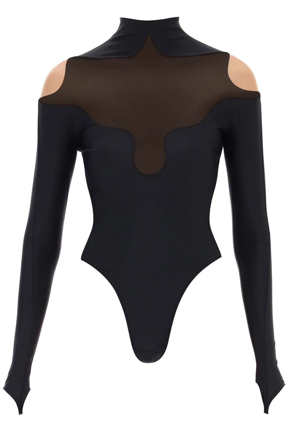 Wavy Illusion Bodysuit - Tulle, Lycra, Long Sleeves, High Neck for Women