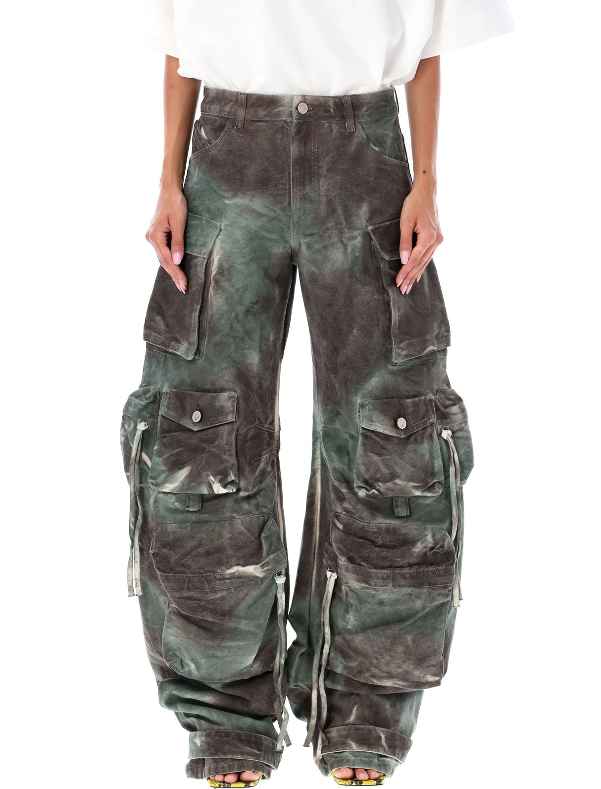 THE ATTICO Stained Green Camouflage Denim Pants with Multiple Cargo Pockets for Women