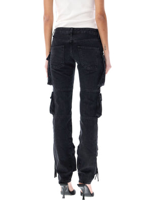 THE ATTICO Women's Black Cargo Jeans - Low Waist, Skinny Fit, Multi-Pockets, Embroidered Logo, Size 25