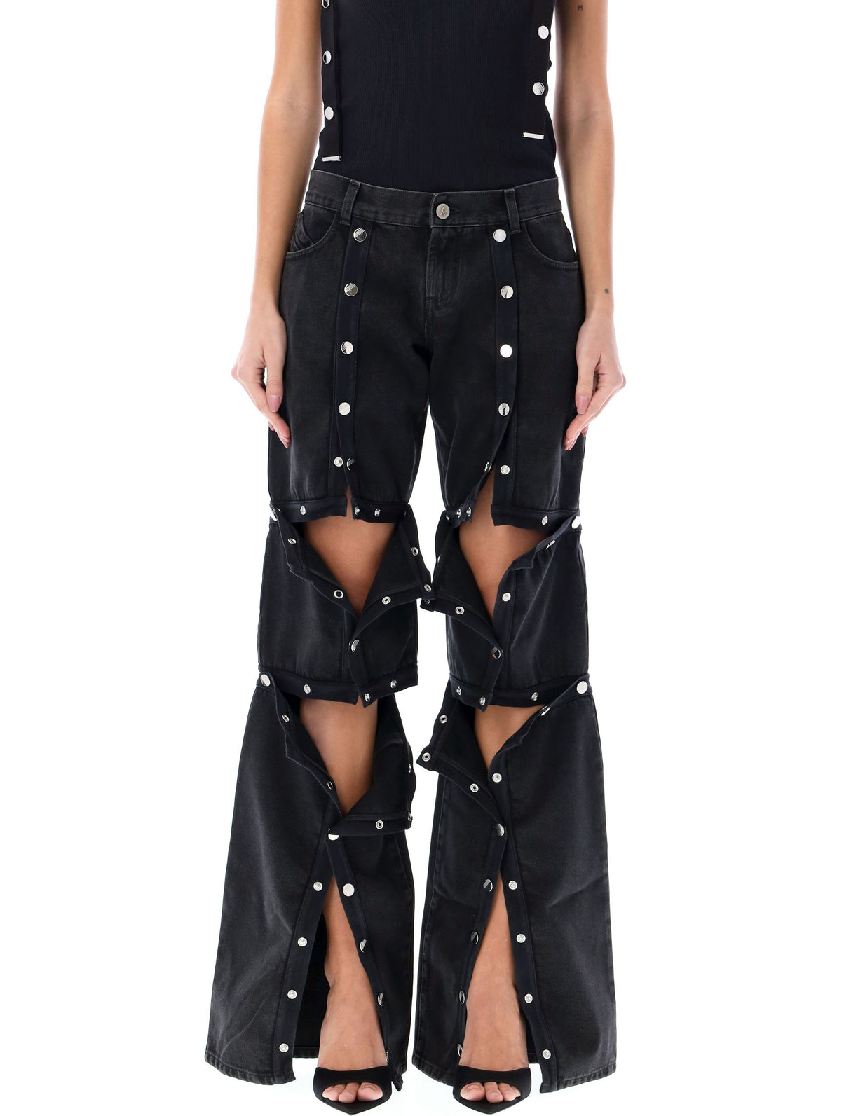 THE ATTICO Black Wide Leg Jeans with Trim Details and Logo Snaps