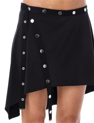 THE ATTICO Black Asymmetric Mini Skirt with Logo Snaps