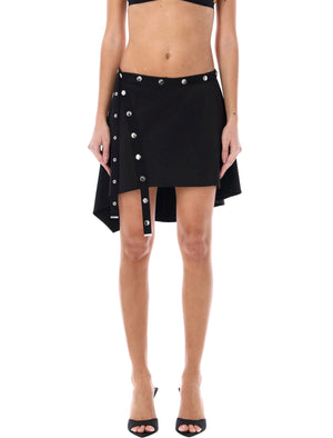 THE ATTICO Black Asymmetric Mini Skirt with Logo Snaps