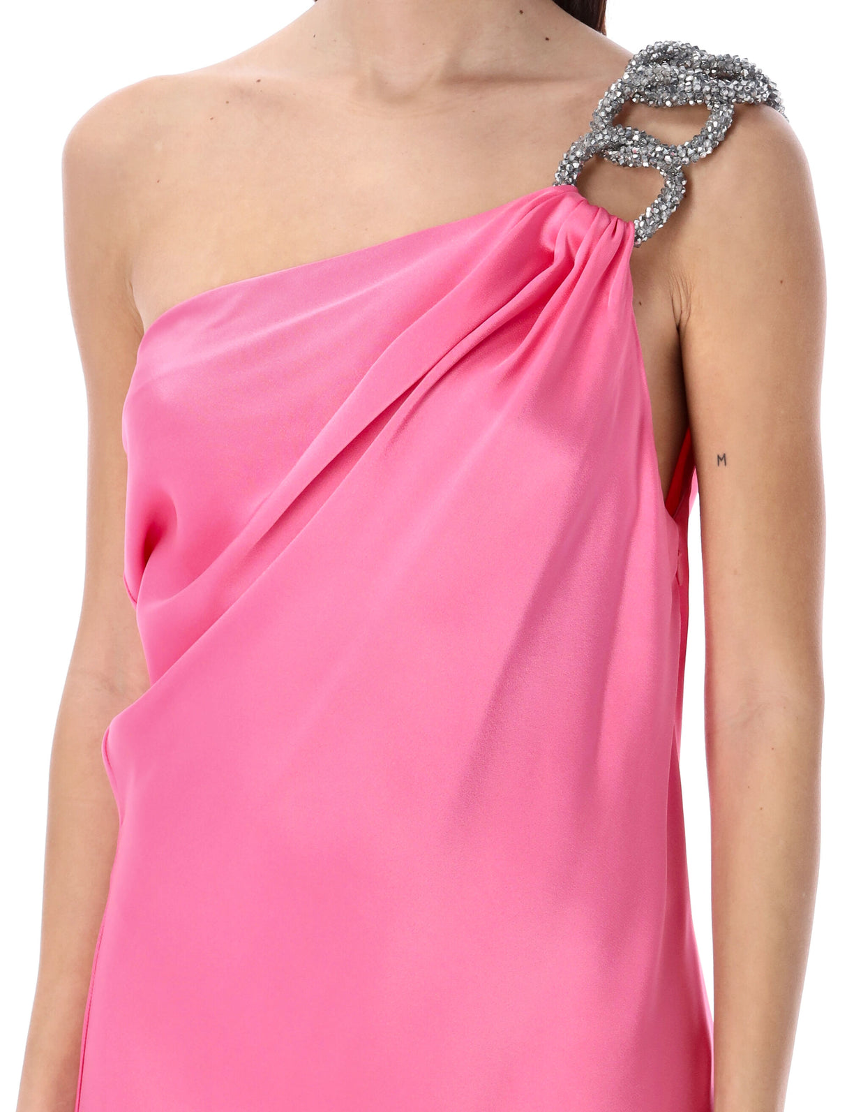 One-Shoulder Crystal Mini Dress in Bright Pink for Women