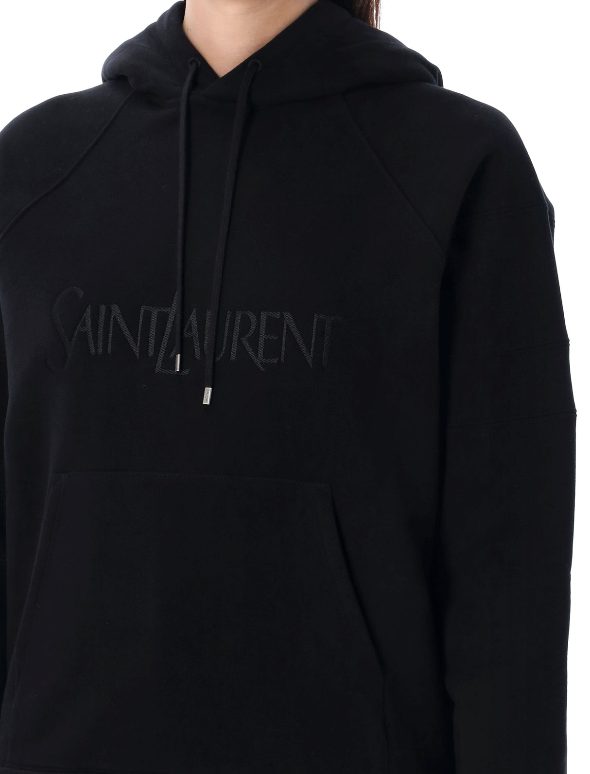 SAINT LAURENT Embroidered Logo Hoodie in Black for Women - SS24