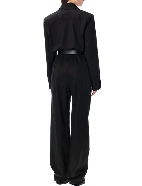 SAINT LAURENT Black Cotton Jumpsuit with Pointed Collar and Gold Buckle Waistband