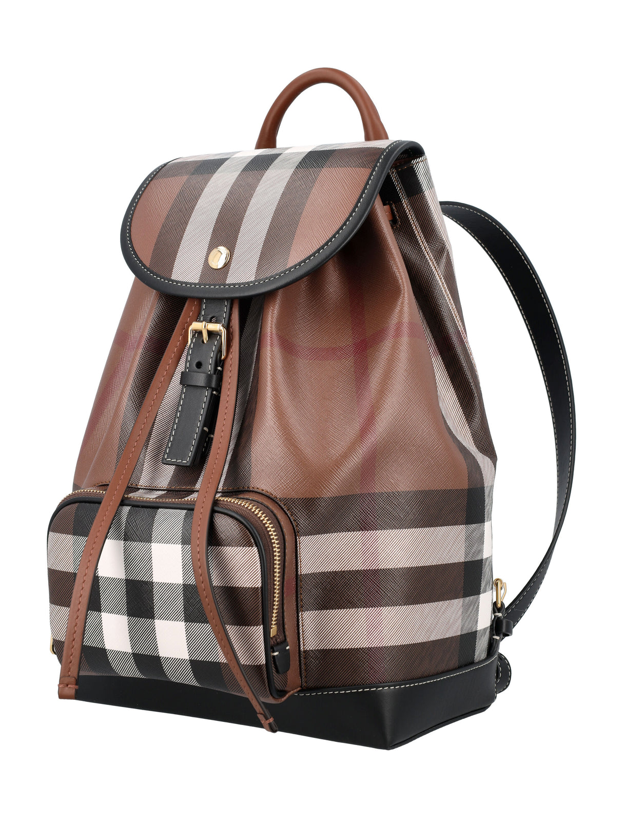 BURBERRY Iconic Check Pattern Medium Backpack with Leather Accents, Snap Closure, and Interior Pocket - Brown