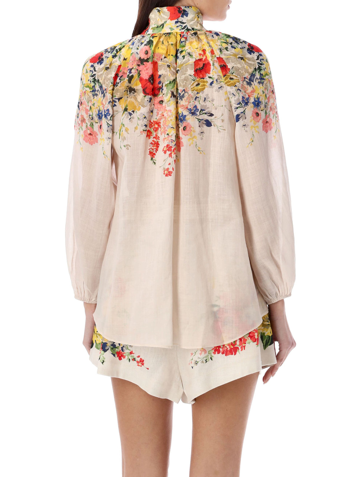 Billow Blouse in Ivory Floral with Ramie Long Sleeves and Rouleau Loops
