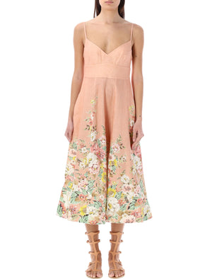 ピンクフローラルリネンピクニックドレス（バストフィット＆リラックスミディスカートを備えた女性用）