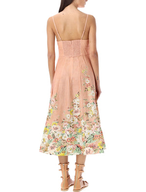 ピンクフローラルリネンピクニックドレス（バストフィット＆リラックスミディスカートを備えた女性用）