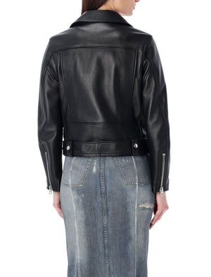 Biker Style Leather Jacket with Notched Lapels for Women