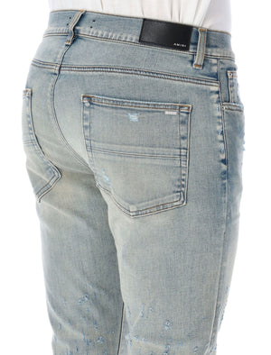 古董藍色霰彈槍骨架牛仔褲（男款）-棉混紡、磨損處理、緊身款式