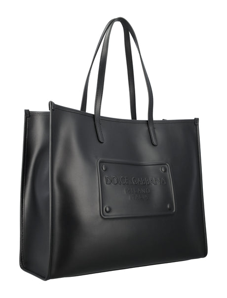 DOLCE & GABBANA Men's Black Calfskin Shopper with Embossed Logo by a Top Designer for SS24