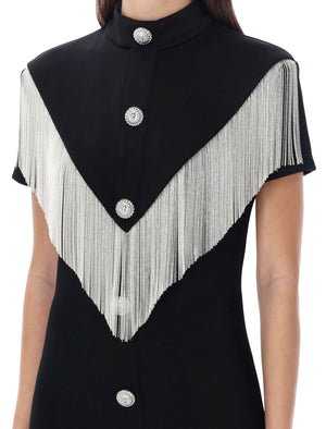 經典黑銀迷你裙 - 高領設計，銀色金屬點綴，西式鑿空剪裁，短袖，修身剪裁 - 女裝SS24時尚單品