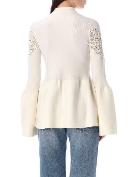 CHLOÉ White High-Neck Wool Jumper with Lace Inserts