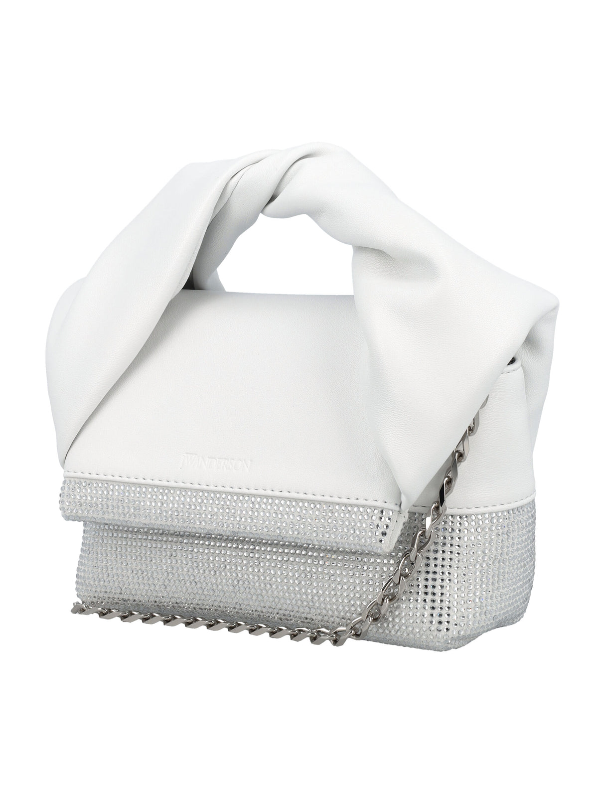 JW ANDERSON Mini Twister Crystal-Embellished Leather Handbag in White with Convertible Chain Strap