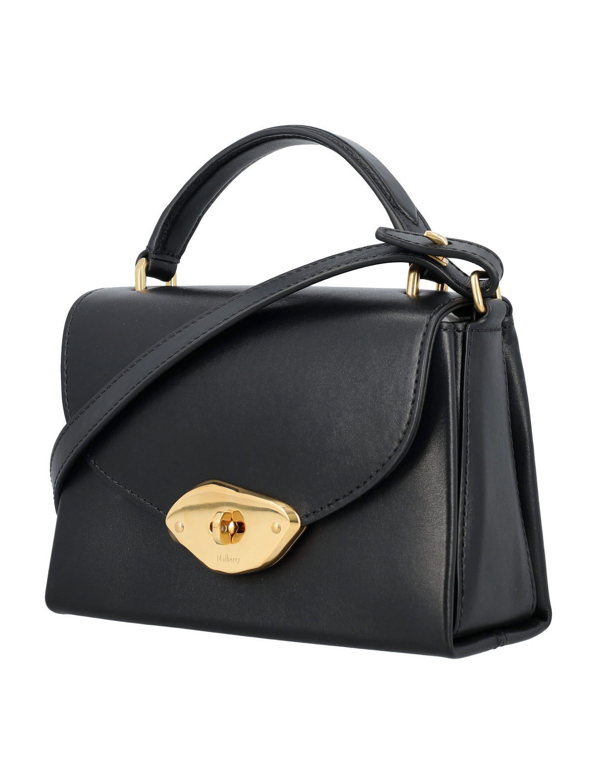 MULBERRY Chic Mini Wool Top-Handle Handbag with Brass Accents and Adjustable Strap - Black