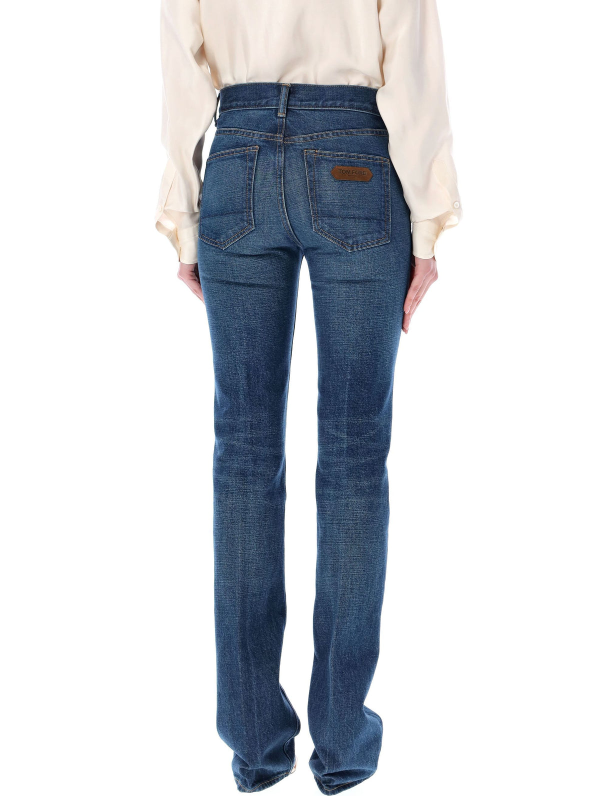 Mid-Blue Stone Washed Denim Flared Jeans for Women
